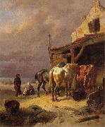 Wouterus Verschuur Draught horses resting at the beach painting